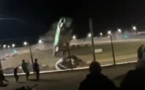 A car crashed over the four metre-high safety fence into the spectator area at Beachlands Speedway during a streetstock race on Friday 5 April, 2024.