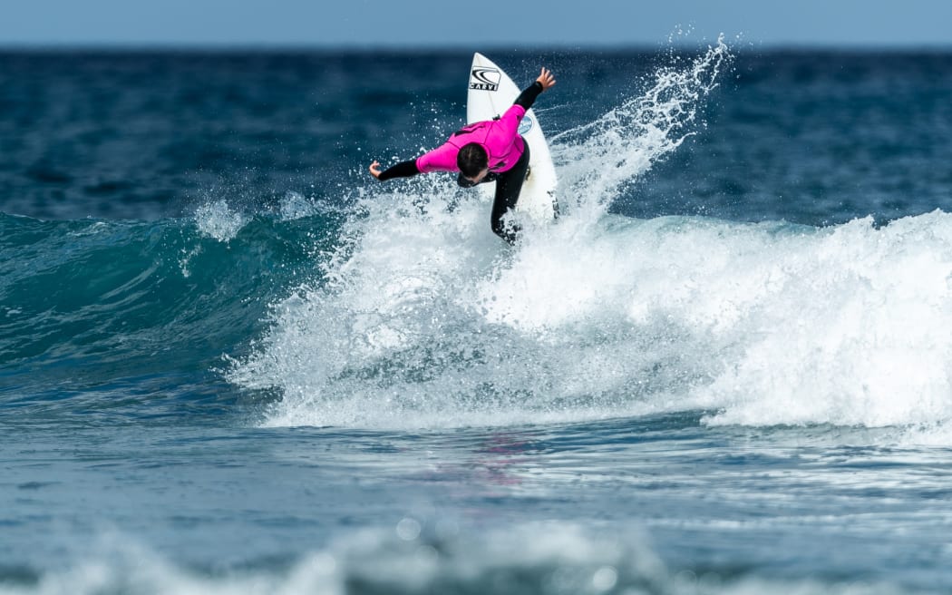 Local surfer Jarrod Hancock takes part in the National Surfing Championships in Taranaki.