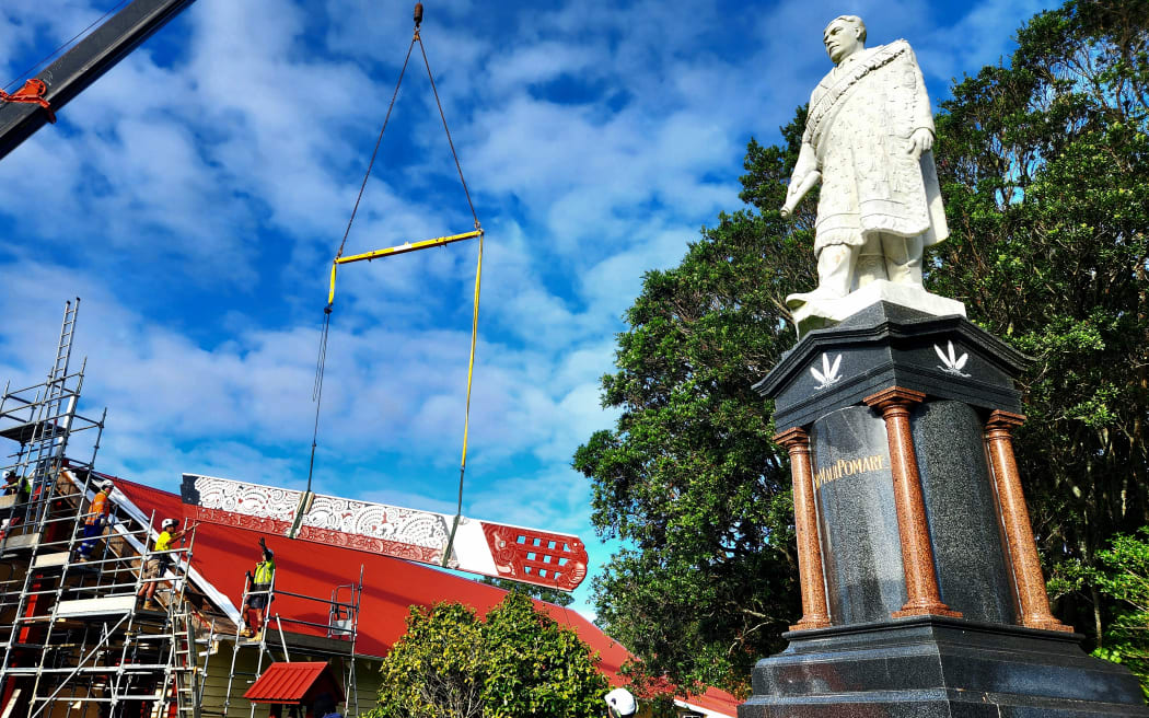 Tā Maui Pomare statue during the Ōwae Marae carving restorations in 2024