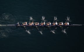 NZ Men's eight training on Lake Karapiro,