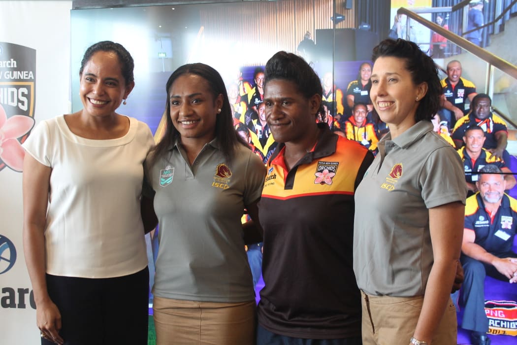 PNG Orchids Patron Lynda Babao O'Neil, Amelia Kuk, Orchids captain Cathy Neap and Broncos Women's CEO Tain Drinkwater.