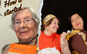 A photo that looks like it has been rippeed in half. On the left side it has a picture of an older woman, Jacqueline Steincamp, holding up her book on Party Planning. It is captioned with the words "How it Started". On the right hand side are two young women, the podcast hosts, Jaimee Poipoi and Maria Tanner, dressed in aprons and holding what looks to be a large pavlova. That image is captioned "How it's going"