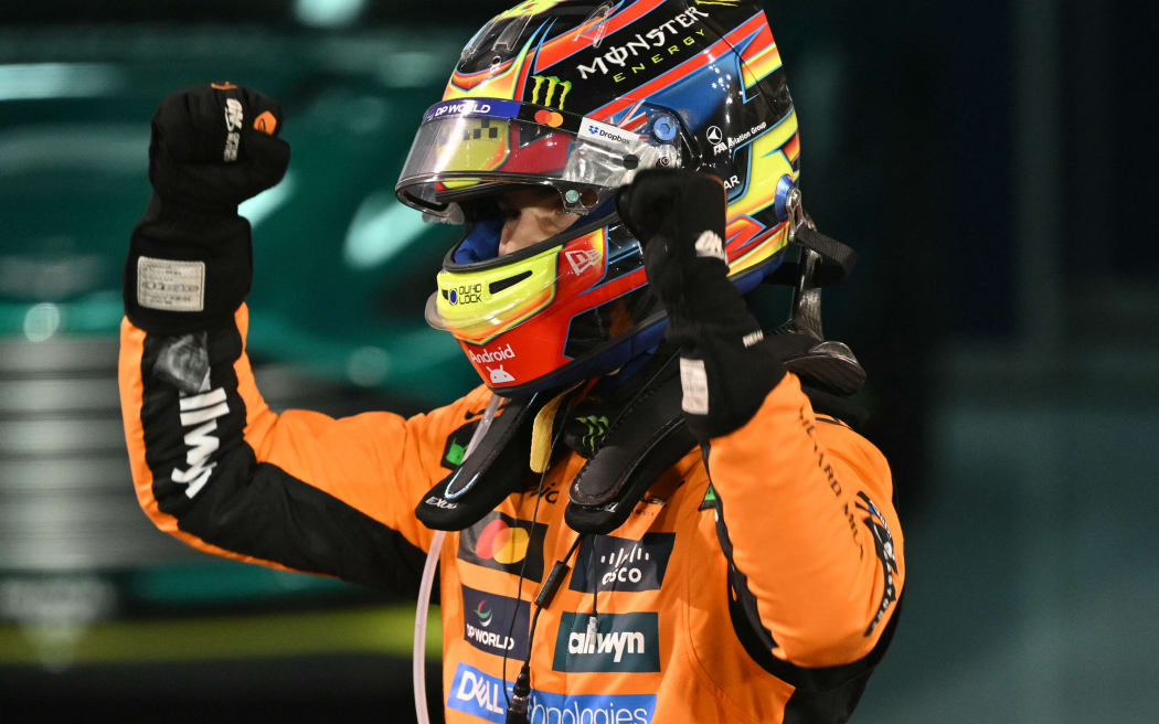 McLaren's Australian driver Oscar Piastri gestures after winning the Bahrain Formula One Grand Prix at the Bahrain International Circuit in Sakhir on April 14, 2025.