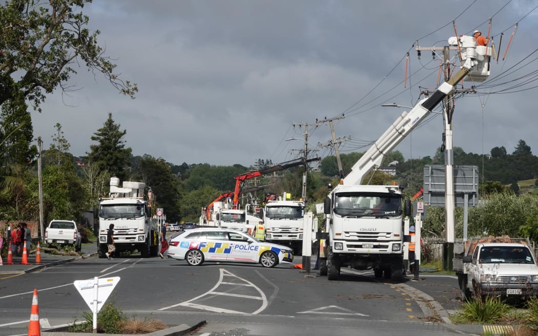 Northpower line crews repairing damaged power lines on Moir Street.