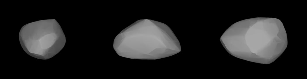 DAMIT model of Apophis generated from light curve. This assumes that all areas of the asteroid have a similar albedo and reflectivity.