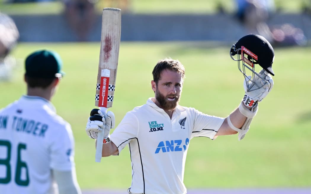 New Zealand's Kane Williamson celebrates his second innings century on day three of the first cricket test between New Zealand and South Africa.