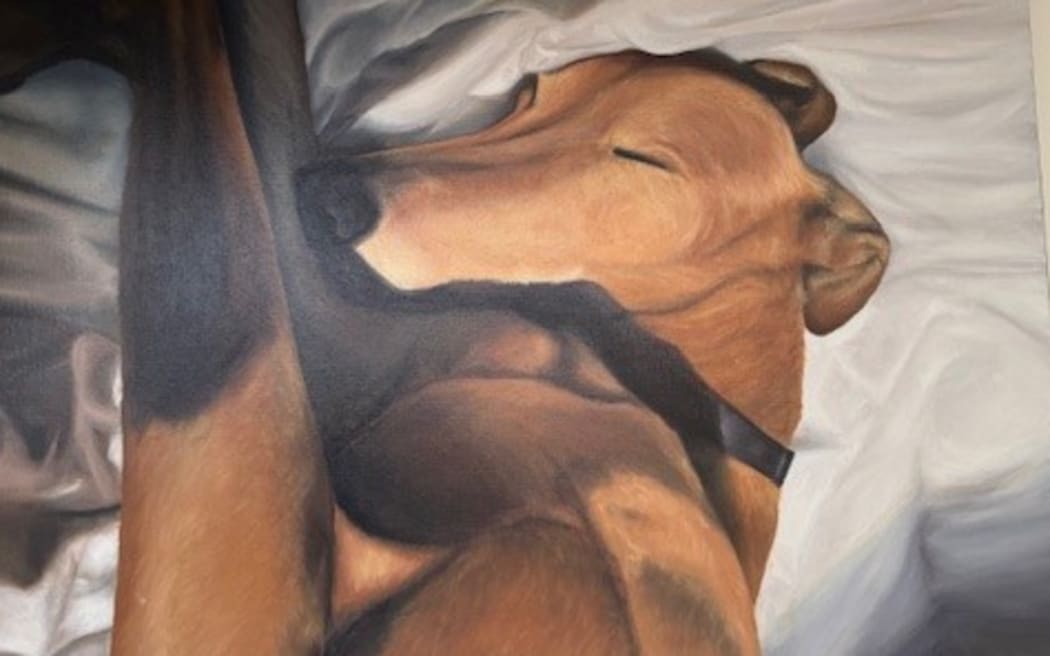 This is a painting of a brown greyhound lying down.