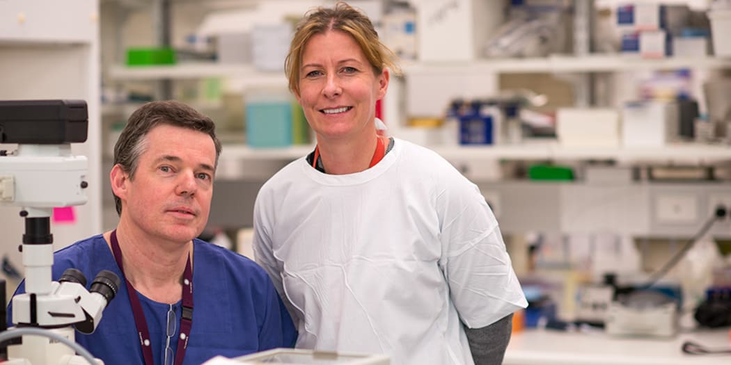 Dr Michelle Giles, right, infectious diseases physician, with Harold Bourne, lab manager, at the Royal Women's Hospital in Melbourne.