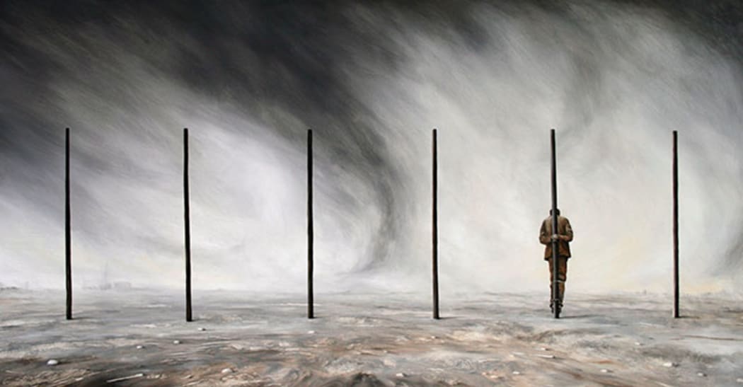 'Field punishment no. 1' by Bob Kerr depicts what Archibald Baxter described going through on the front lines as he fought to avoid fighting in the army.