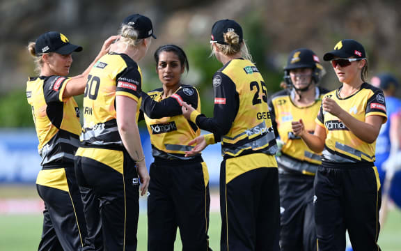The Wellington Blaze celebrate taking a wicket in their Super Smash Dream 11 Twenty20 cricket elimination final against the Auckland Hearts at Eden Park Outer Oval. 11 February 2021 .