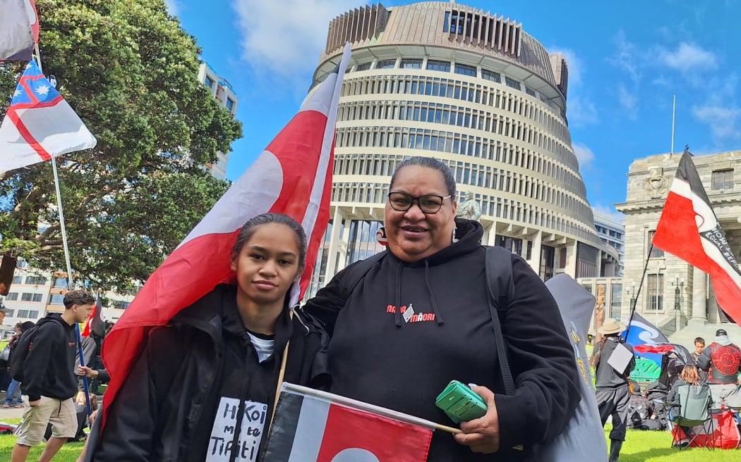 Eliza tamihana, Ngati Kahungungu Ki Wairarapa and Ngati Kahu, of Upper Hutt, with moko C-analeah Williams. She says it does not matter if any MPcomes out to see them or not, that people by being here have made their point.