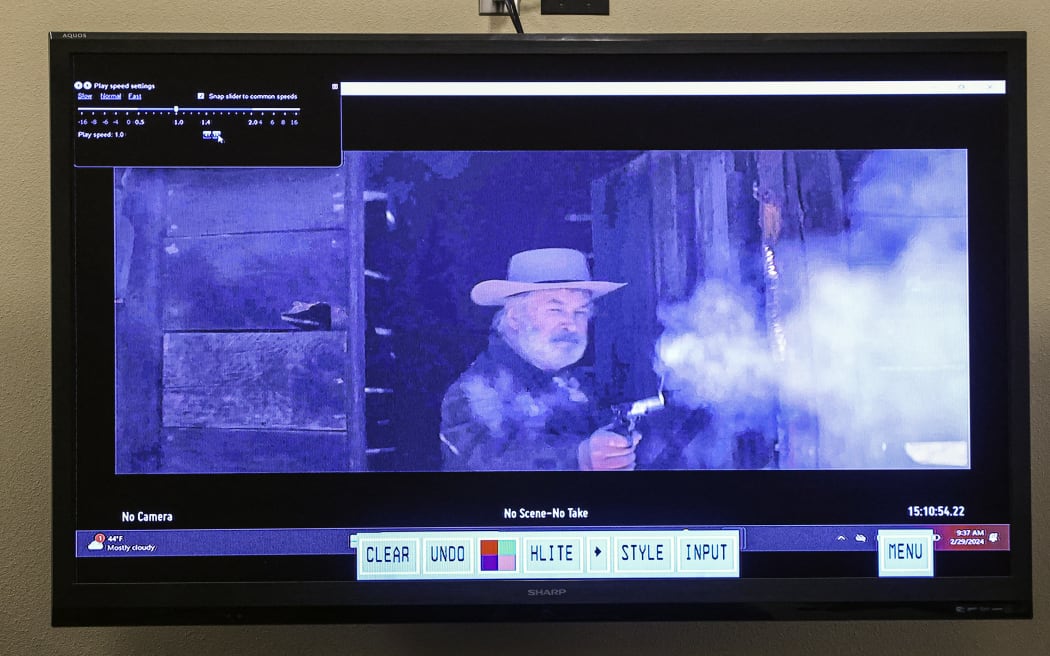 A still from a video clip played in court shows actor Alec Baldwin during Hannah Gutierrez-Reed’s involuntary manslaughter trial at the First Judicial District Courthouse in Santa Fe, New Mexico on 29 February, 2024. Gutierrez-Reed has denied involuntary manslaughter charges in the death of cinematographer Halyna Hutchins, who died from her injuries after being hit by a live round fired from a gun held by Baldwin during a rehearsal on the set of the movie 'Rust'.