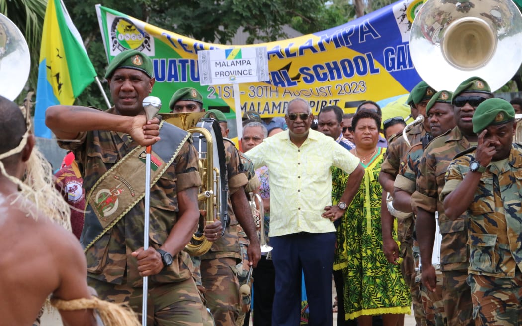 Alatoi Ishmael Kalsakau, middle with sunglass on, lead the Vanuatu National School Games march from USP Efate Campus to Kormam Park on Sunday 20 August 2023.