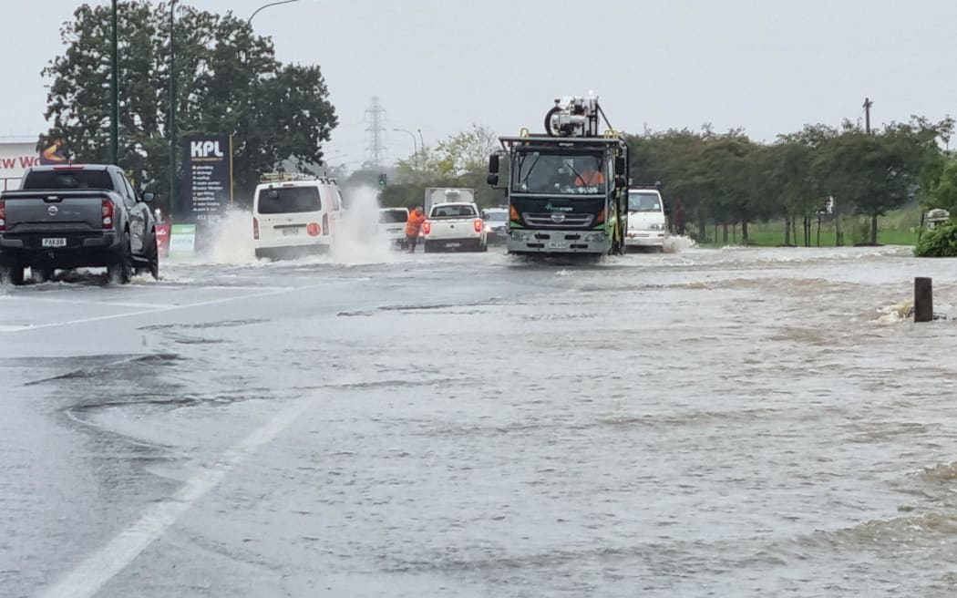 Kumeū's roads flooded after heavy rain from Cyclone Gabrielle on 14 February, 2023.