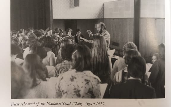 Dr Guy Jansen conducting the first rehearsal of the NZ Youth Choir in 1979