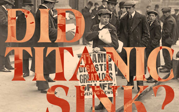 The words "Did Titanic Sink" imposed over a famous painting of the disaster