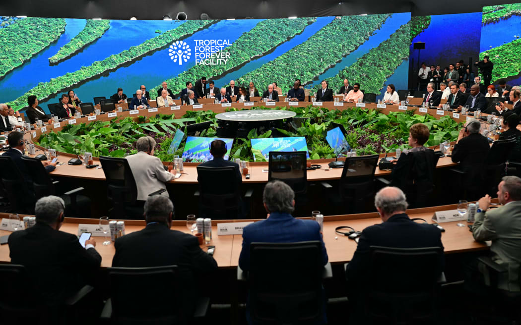 General view of the Leaders’ Round Table during the launch of the Tropical Forest Forever Facility (TFFF) in the framework of the COP30 UN Climate Change Conference in Belem, Para State, Brazil, on November 6, 2025. (Photo by Pablo PORCIUNCULA / AFP)