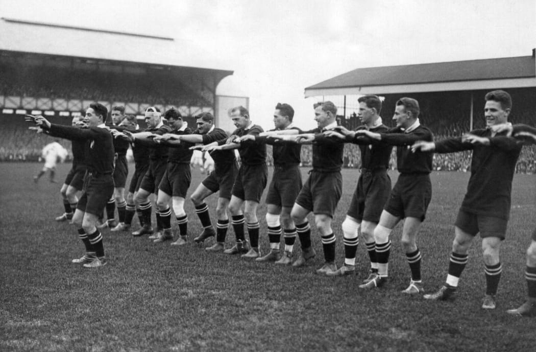 The 1924 Invincibles perform the haka at Twickenham Stadium in London.