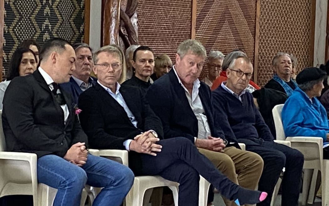 Treaty Negotiations Minister Paul Goldsmith (front, second left) at a Te Kotahitanga meeting in the Bay of Islands.