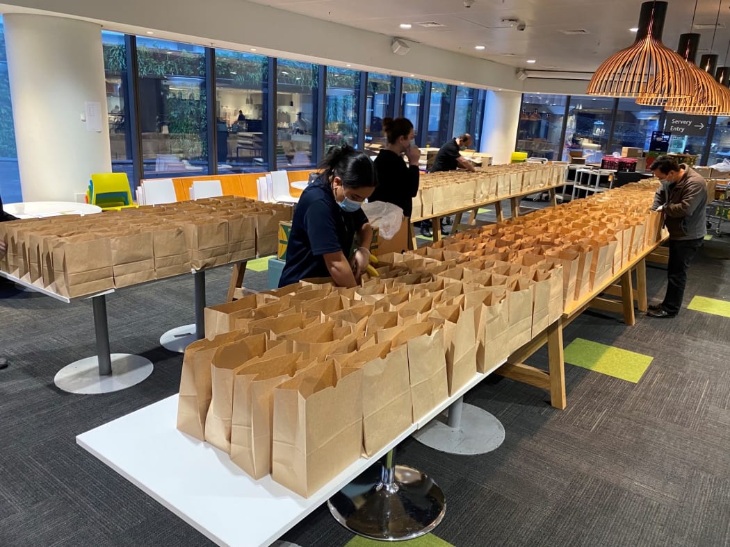 Meal packs being prepared at the Auckland City Mission.