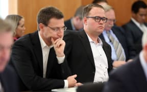 Megaupload executives Mathias Ortmann (left) and Bram van der Kolk (right) in court during an extradition hearing in Auckland on 24 September, 2015.