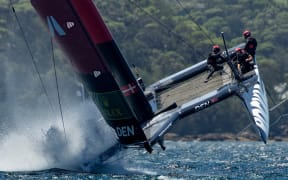 ROCKWOOL Denmark SailGP Team helmed by Nicolai Sehested in action ahead of the KPMG Australia Sail Grand Prix in Sydney, Australia.