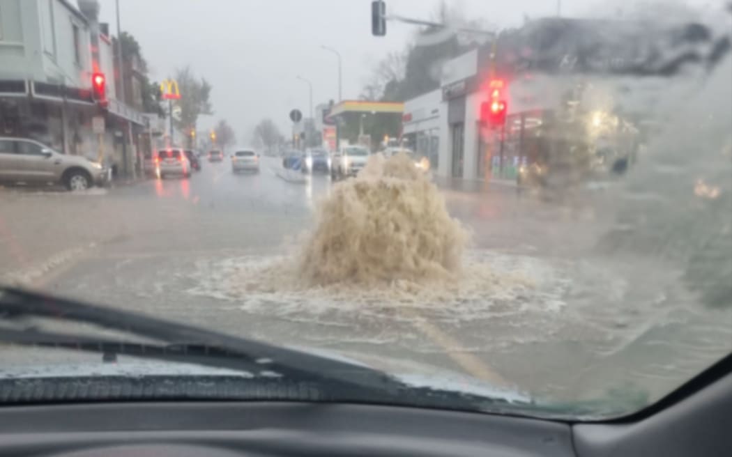Flooding in Nelson as heavy rain hits the city on May 26.