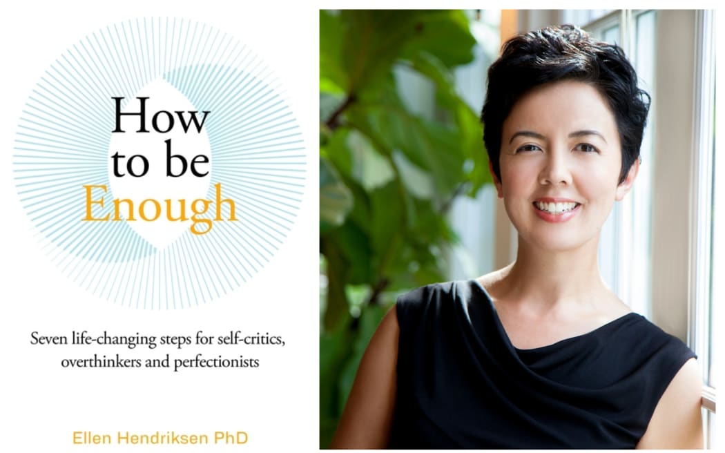 Ellen Hendriksen's next to her book cover 'How to be Enough'