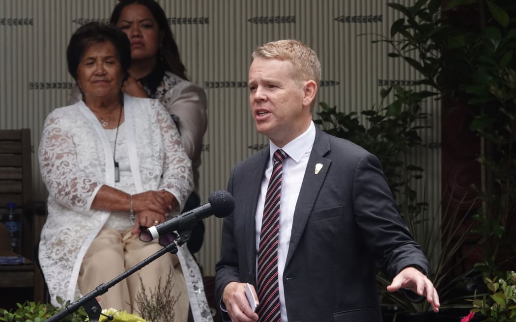 Labour leader Chis Hipkins pays tribute to outgoing MP Kelvin Davis, and leader of Labour’s Māori caucus, during the opposition pōwhiri.