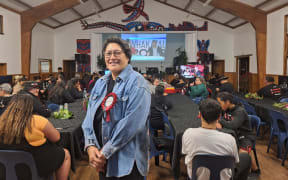 Meka Whaitiri is all smiles at Waipatu Marae, despite trailing behind Labour candidate Cushla Tangaere-Manuel in the race for Ikaroa-Rāwhiti.