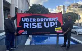 Uber drivers rallying outside the Court of Appeal in Wellington on 19 March 2024.