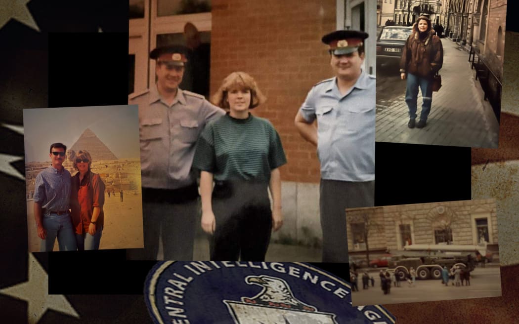 Composite of CIA logo, US flag and Susan Miller images.
