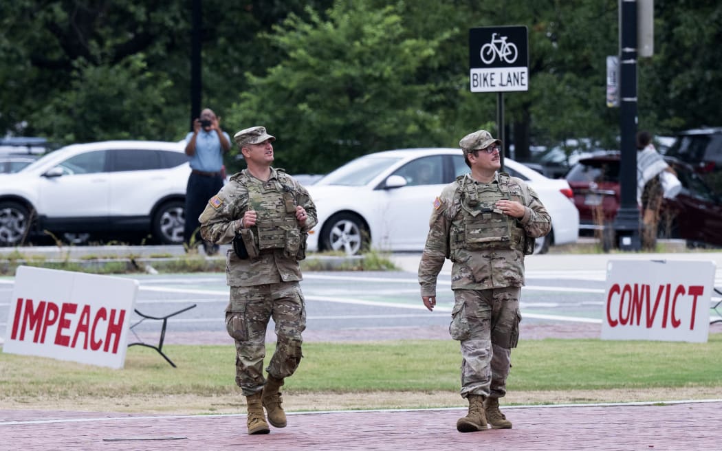 Members of the National Guard patrol outside of Union Station in Washington DC,  on 21 August, 2025.