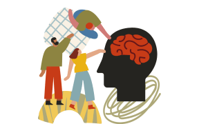 An artwork representing ADHD. Three human figures in bright colours are posed around a large profile of a human head showing the brain. In the background are colourful shapes: a scribble, an arc, and a grid pattern.