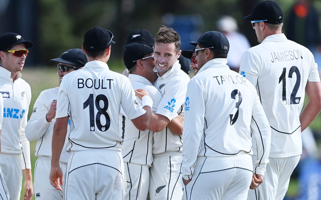 Tim Southee celebrates his 300th Test wicket at the Bay Oval in Mount Maunganui