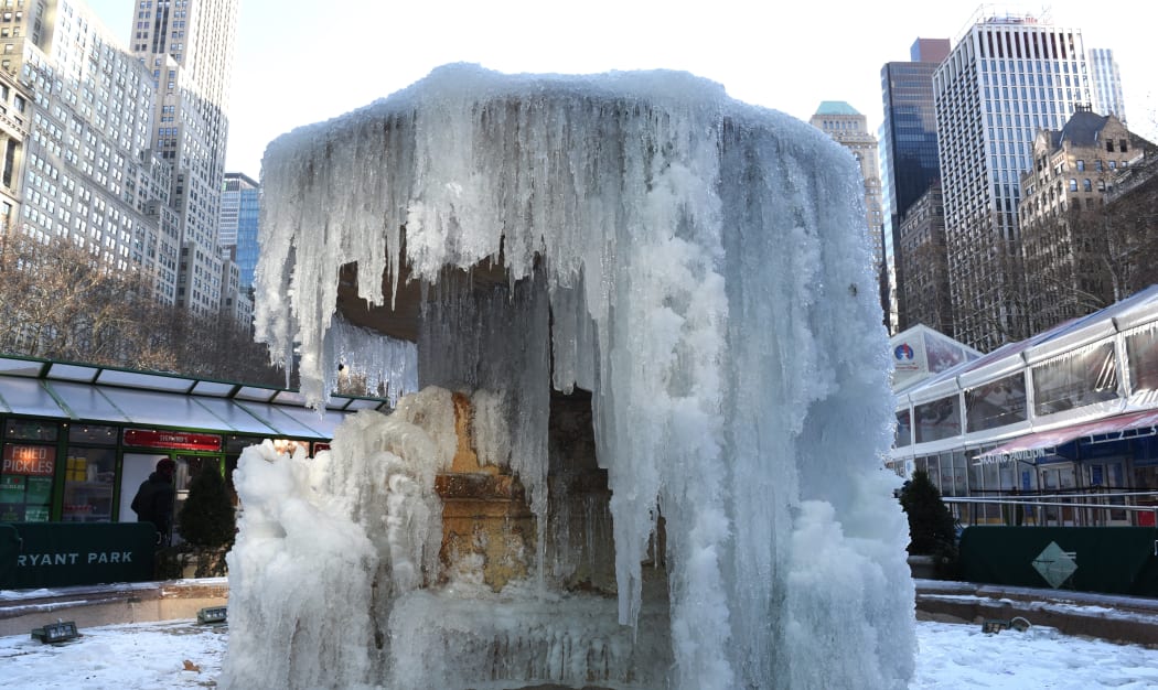 The frozen Josephine Shaw Lowell Memorial Fountain located at Bryant Park in New York is viewed on January 2, 2018.