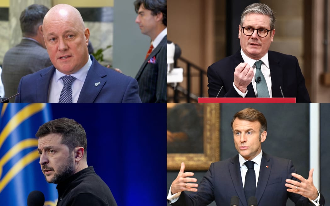 Prime Minister Christopher Luxon, UK Prime Minister Kier Starmer, Ukrainian President Volodymyr Zelensky, French President Emmanuel Macron.