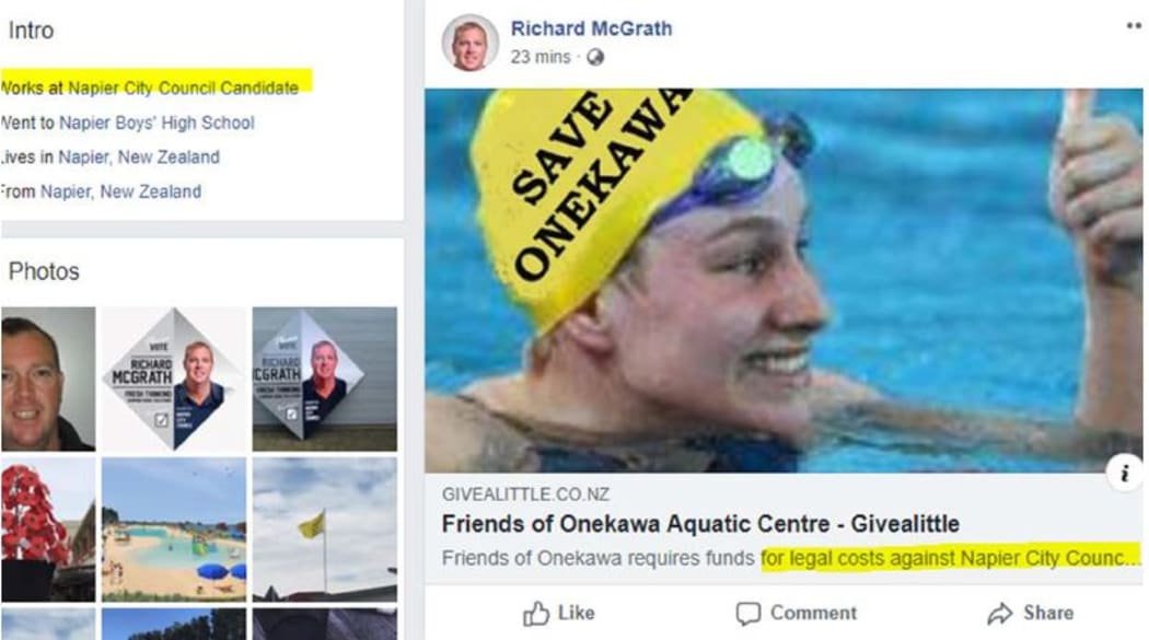 In one email, Wayne Jack asked for legal advice on whether Mr McGrath had breached the code or any other policies after he posted a link to a Givealittle fundraiser for The Friends of Onekawa Aquatic Centre, which is taking legal action against the council over the proposed pool.