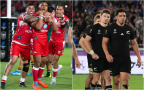 A composite shot of the Tonga Rugby League team and the All Blacks.
