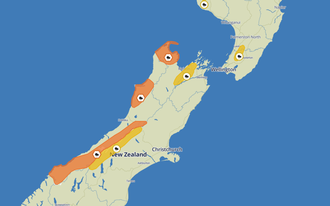 MetService has issued orange warnings for Tasman, northwest of Motueka, Buller and the ranges of Westland.