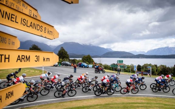 Riders on stage three of the Tour of Southland from Riverton to Te Anau.
