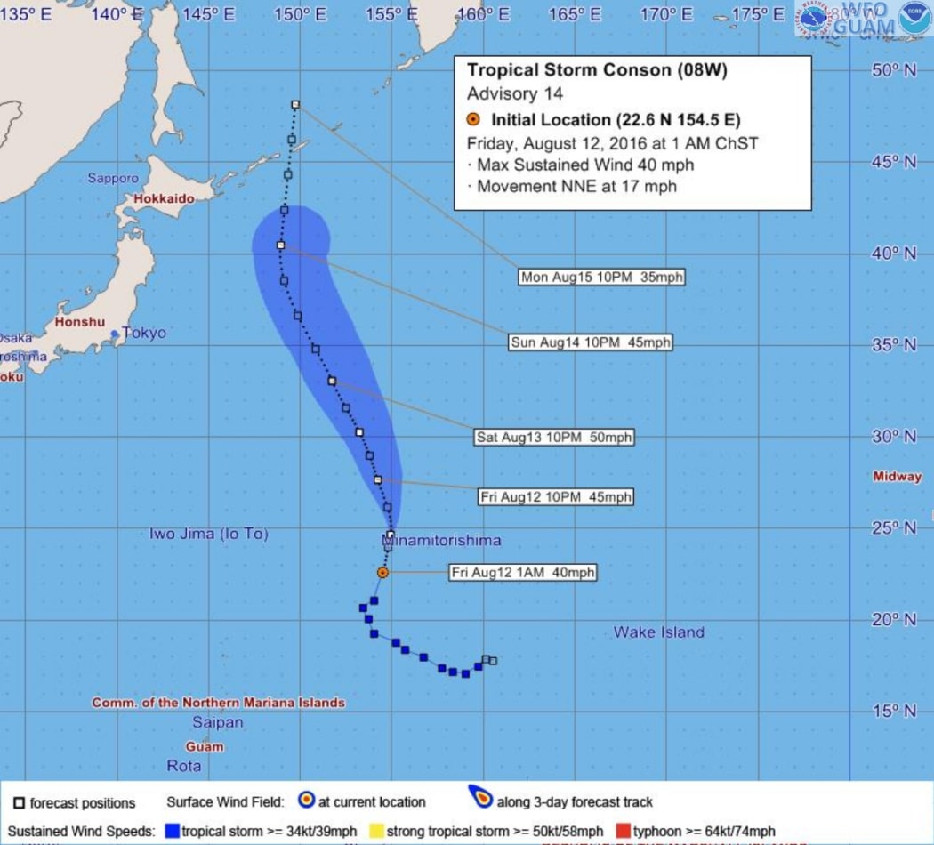 Forecasted track and wind distribution of tropical storm Conson.  Aug 12 2am Guam time
