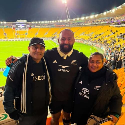 George Bower with dad Niko and mum Kula at the Hnry Stadium in Wellington after the Test match against Italy on 11 July 2026.