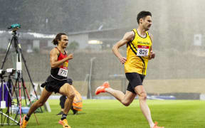 James Preston (R) leads Sam Tanner during the men's 800m at the national track and field championships in Wellington.