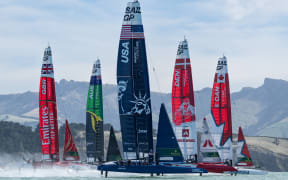 The SailGP fleet in action on Lyttelton Harbour in Christchurch.