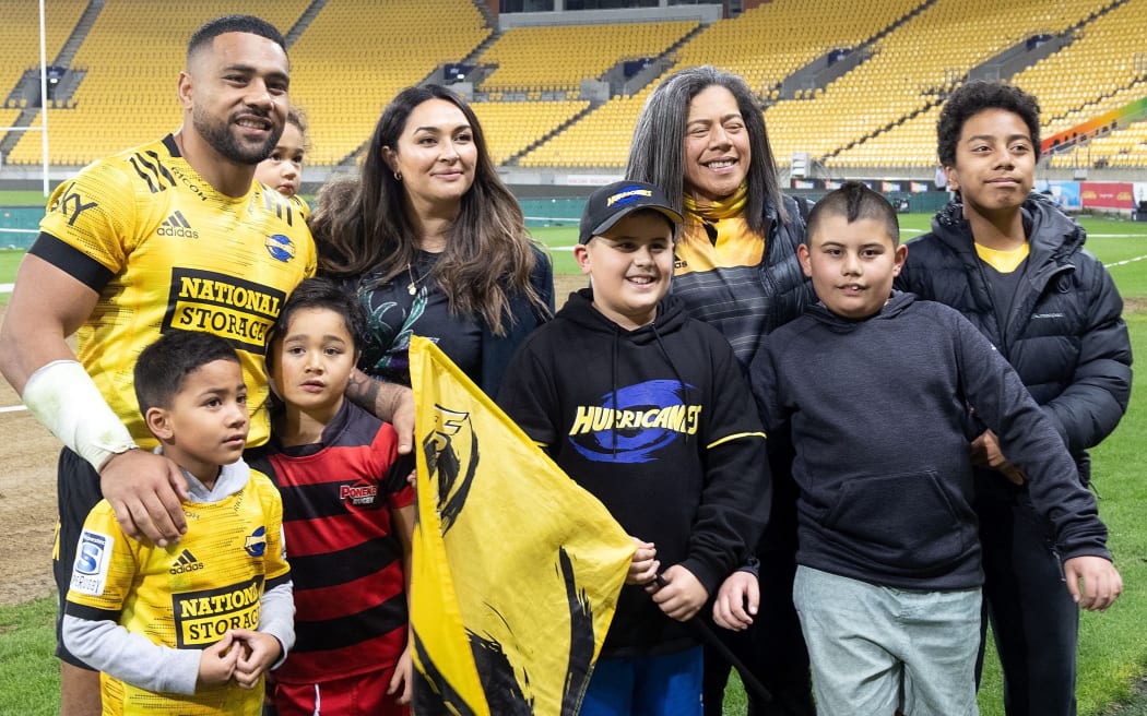 Hurricanes Ngani Lamuape with his family during the Super Rugby Trans-Tasman rugby match between the Hurricanes and Reds at Sky Stadium in Wellington. 11 June 2021. Â© Copyright image by Marty Melville / www.photosport.nz