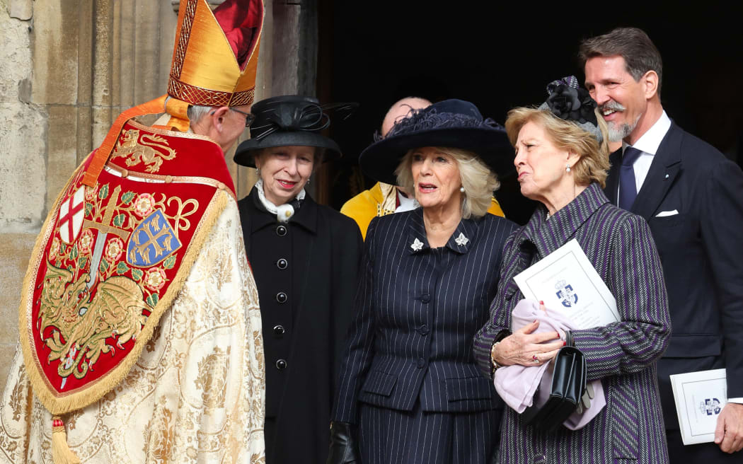 Britain's Princess Anne, Princess Royal (2L), Britain's Queen Camilla (C), Greece's former Queen Anne-Marie (2R) and Greece's Crown Prince Pavlos leave after attending a thanksgiving service for the life of King Constantine of the Hellenes, at St George's Chapel at Windsor Castle on February 27, 2024. (Photo by Chris Jackson / POOL / AFP)