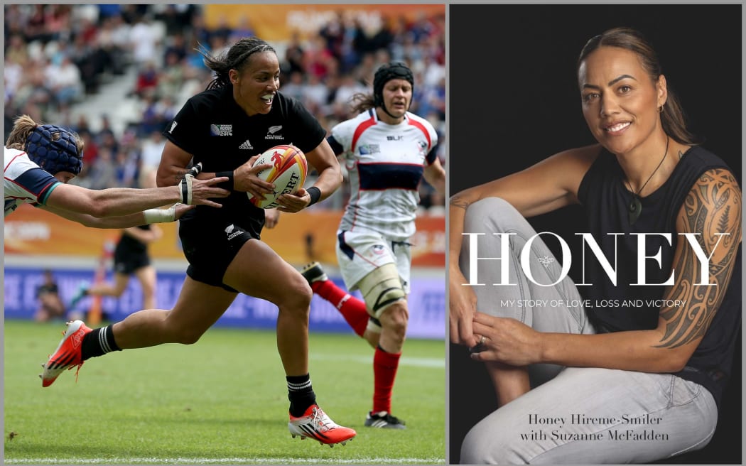 Image of Honey Hireme playing at the 2014 Rugby World Cup. Right: Book cover.