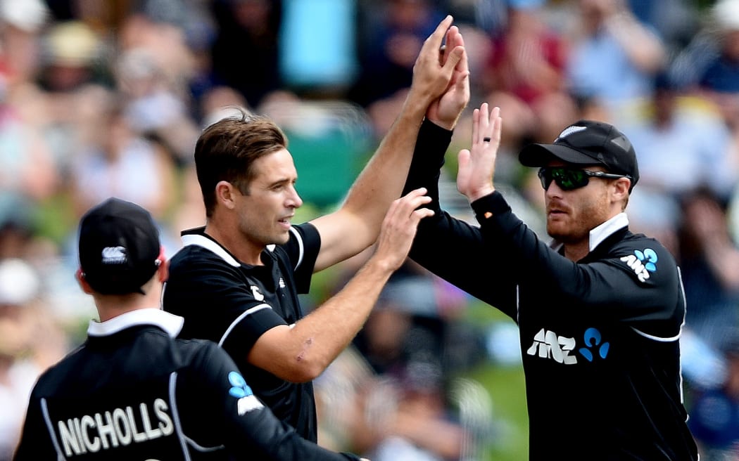 Tim Southee celebrates taking a wicket against Bangladesh.