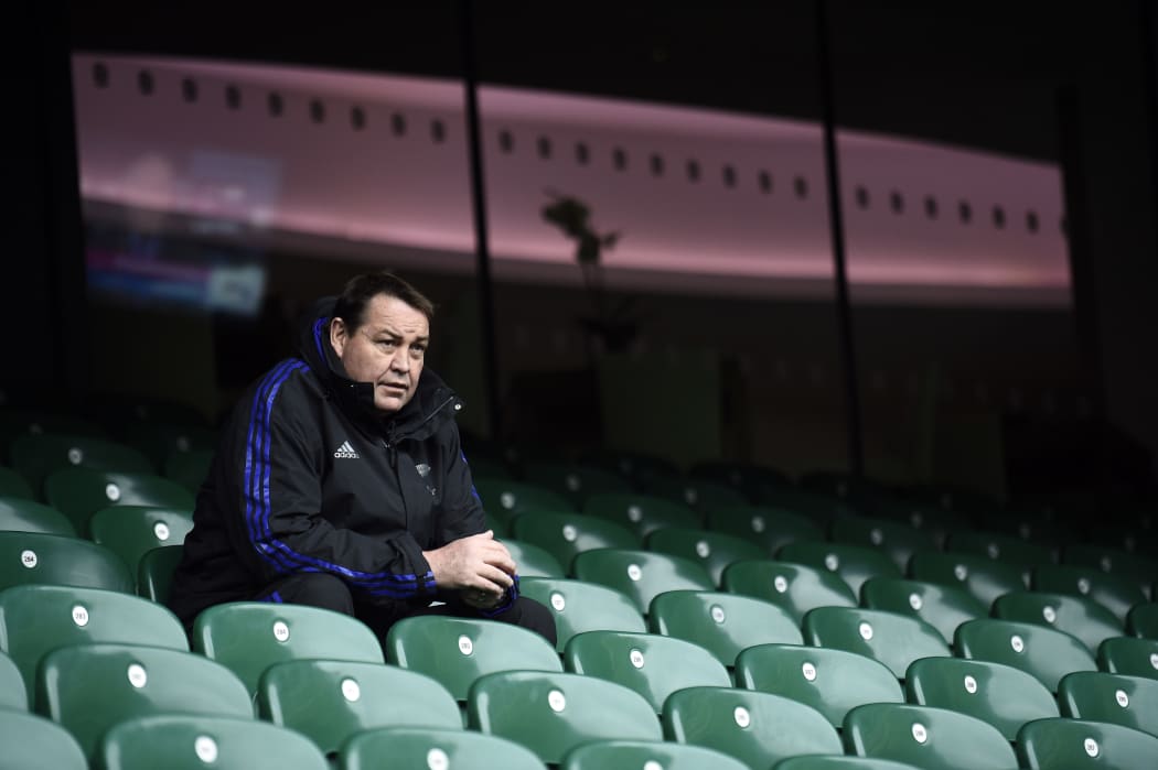 All Blacks coach Steve Hansen observes a kicker's training session on October 30.